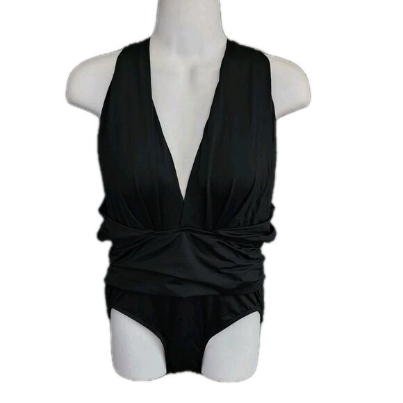 Badgley Mischka One-Piece Swimsuit Ruched Waist Deep Plunge Black Size 10 NWT - Picture 2 of 7